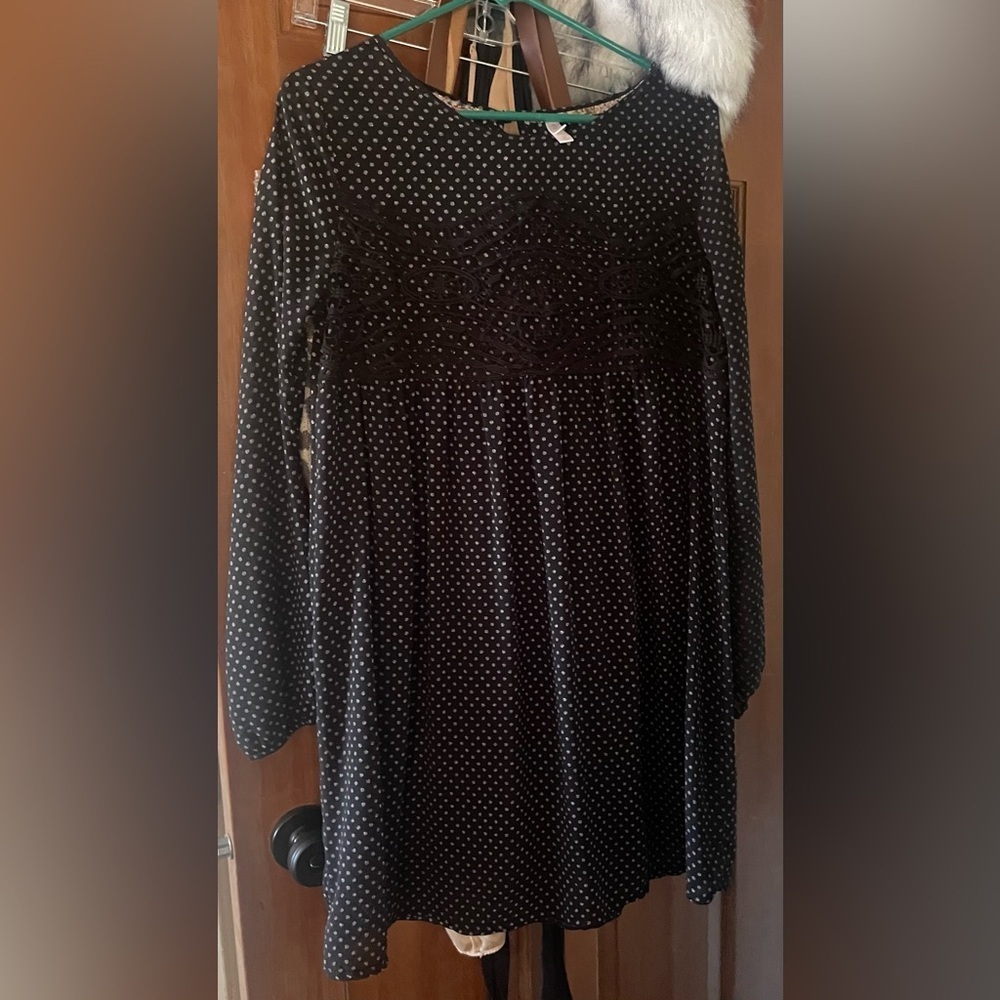 Xhilaration Black Long Sleeve Polka Dot Babydoll Dress